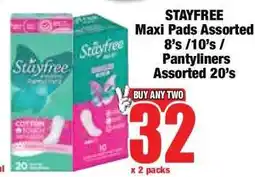 Boxer STAYFREE Maxi Pads Assorted 8's / 10's / Pantyliners Assorted 20's offer
