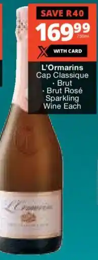 Checkers Liquor Shop L'Ormarins Cap Classique, Brut, Brut Rosé Sparkling Wine offer