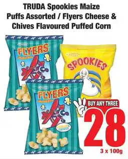 Boxer Superstores TRUDA Spookies Maize Puffs Assorted/ Flyers Cheese & Chives Flavoured Puffed Corn offer