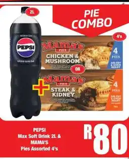 Boxer PEPSI Max Soft Drink 2L & MAMA’S Pies Assorted 4’s offer