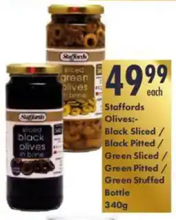 President Hyper Staffords Olives Black Sliced/ Black Pitted/ Green Sliced/ Green Pitted/ Green Stuffed Bottle offer