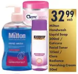 President Hyper Milton Handwash Liquid Soap/ Cuticura Facial Toner/ Clere Radiance Vanishing Cream offer