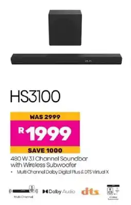 Game Hisense 480 W 3.1 Channel Soundbar with Wireless Subwoofer offer