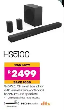 Game Hisense 540 W 5.1 Channel Soundbar with Wireless Subwoofer and Rear Surround Speakers offer