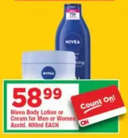 OK Grocer Nivea Body Lotion or Cream for Men or Women offer