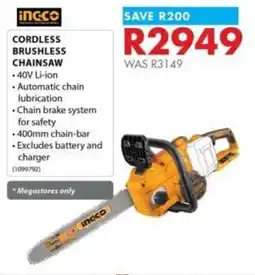 Chamberlain Ingco cordless brushless chainsaw offer