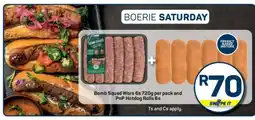 Pick n Pay Bomb Squad Wors 6s 720g per pack and PnP Hotdog Rolls 6s offer
