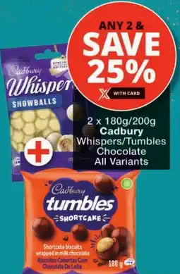 Checkers Cadbury Whispers/ Tumbles Chocolate All Variants offer