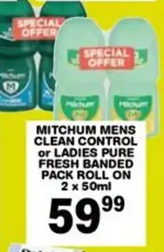 Giant Hyper Mitchum mens clean control or ladies pure fresh banded pack roll on offer