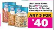 Game Great Value Butter Beans Or Tomato & Onion Mix Or Curried Mixed Vegetables 410g-For 3 offer