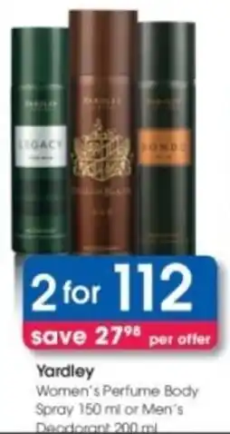 Clicks Yardley Women's Perfume Body Spray or Men's Deodorant offer