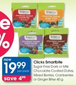 Clicks Clicks Smartbite Sugar-Free Dark or Milk Chocolate Coated Dates, Mixed Berries, Cranberries or Ginger Bites offer