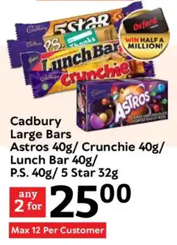 Oxford Freshmarket Cadbury Large Bars Astros/ Crunchie/ Lunch Bar/ P.S./ 5 Star offer