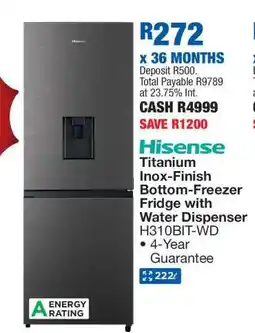 OK Furniture Hisense Titanium Inox-Finish Bottom-Freezer Fridge with Water Dispenser H310BIT-WD offer
