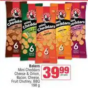 Spar Bakers Mini Cheddars Cheese & Onion, Bacon, Cheese, Fruit Chutney, BBQ-198gm Per Pack offer