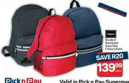 Pick n Pay Student Backpack Assorted Colours Each offer