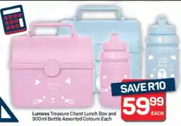 Pick n Pay Lumoss Treasure Chest Lunch Box and 300ml Bottle Assorted Colours Each offer
