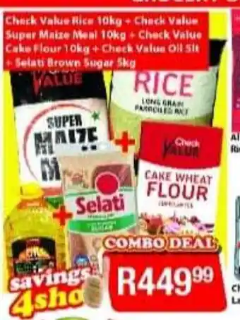 Check Save Rice 10kg+ Super Maize Meal 10kg+ Cake Flour 10kg+ Oil 5lt+ Selati Brown Sugar 5kg offer