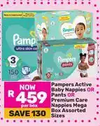 Game Pampers Active Baby Nappies Or Pants Or Premium Care Nappies Mega Box (Assorted Sizes)-Per Box offer
