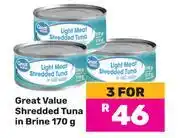 Game Great Value Shredded Tuna In Brine-For 3 x 170g offer