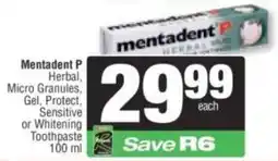 Spar Mentadent P Herbal, Micro Granules, Gel, Protect, Sensitive or Whitening Toothpaste offer