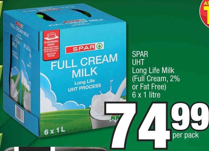 Spar UHT Long Life Milk (Full Cream,2 or fat Free 6x1 Litre offer at Spar
