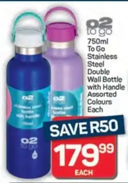 Pick n Pay Hypermarket O2 To Go Stainless Steel Double Wall Bottle with Handle Assorted Colours offer