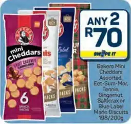 Pick n Pay Hypermarket Bakers Mini Cheddars Assorted, Eet-Sum-Mor. Tennis, Gingernut Salticrax or Blue Label Marie Biscuits offer