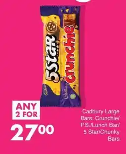 Save Cadbury Large Bars Crunchie/ P.S./ Lunch Bar/ 5 Star/ Chunky Bars offer