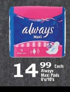 Oxford Freshmarket Always Maxi Pads 9's/10's offer