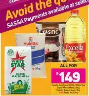 Game Excella Sunflower Oil 2L,White Star Super Maize Meal 2.5Kg,Huletts Brown Sugar 3Kg & Tastic Rice 2Kg offer