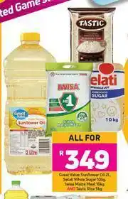 Game Great Value Sunflower Oil 2L,Selati White Sugar 10Kg,Iwisa Maize Meal 10Kg & Tastic Rice 5Kg-All For offer