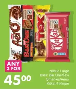 Save Hyper Nestlé Large Bars Bar One/ Tex/ Smarties/ Aero/ Kitkat 4 Finger offer