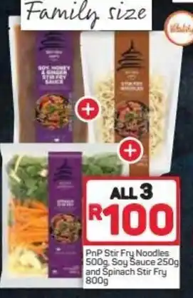 Pick n Pay Pnp Stairs Fry Noodles 500g, Soy Sauce 250g and Spinach Stir Fry 800g offer