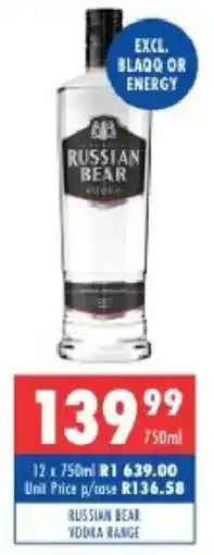 Ultra Liquors Russian bear vodka range offer