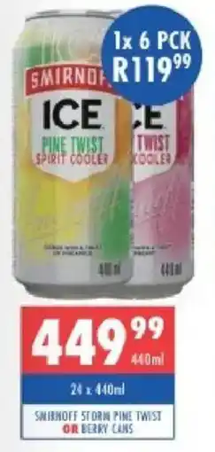 Ultra Liquors Smirnoff storin pine twist or berry cans offer