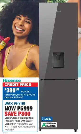 Hisense Black Glass-Finish Bottom- Freezer Fridge with Water Dispenser