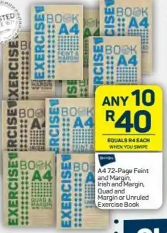 Pick n Pay A4 72-Page Feint and Margin, Irish and Margin, Quad and Margin or Unruled Exercise Book offer