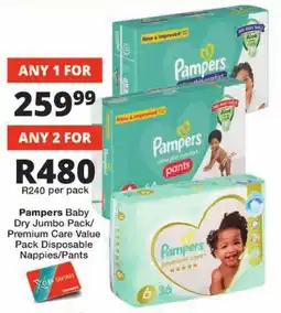 Checkers Pampers Baby Dry Jumbo Pack/ Premium Care Value Pack Disposable Nappies/ Pants offer