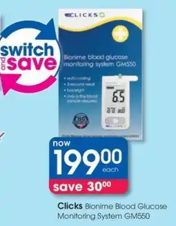 Clicks Clicks Bionime Blood Glucose Monitoring System GM550 offer