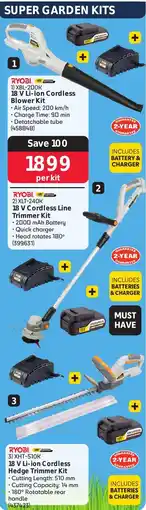 Makro Ryobi 18 V Li-ion Cordless Blower Kit OR 18 V Cordless Line Trimmer Kit OR 18 V Li-ion Cordless Hedge Trimmer Kit offer