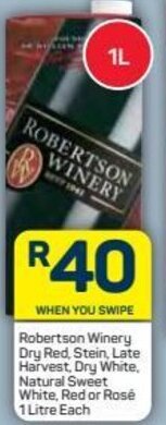 Pick n Pay Robertson Winery Dry Red, Stein, Late Harvest, Dry White Natural Sweet White, Red or Rosé 1Litre offer