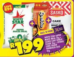 Shoprite White Star Super Maize Meal 5kg + Sasko Cake Wheat Flour 5kg + Spekko Long Grain Parboiled Rice 5kg offer