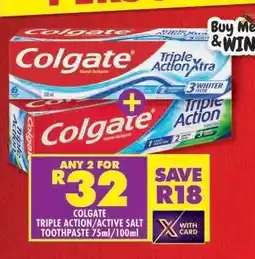 Shoprite COLGATE TRIPLE ACTION/ACTIVE SALT TOOTHPASTE 75ml/100ml offer