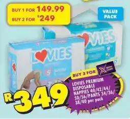Shoprite LOVIES PREMIUM DISPOSABLE NAPPIES 40/42/44/50/56/PANTS 34/36/38/40 per pack offer