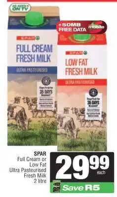 Spar SPAR Full Cream or Low Fat Ultra Pasteurised Fresh Milk 2 litre offer