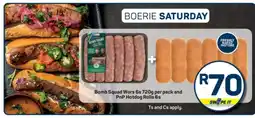 Pick n Pay Bomb Squad Wors 6s 720g per pack and PnP Hotdog Rolls 6s offer