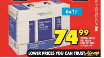 Shoprite Crystal Valley Full Cream Long Life Milk 6x1L per pack offer
