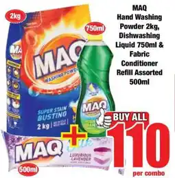 Boxer MAQ Hand Washing Powder 2kg, Dishwashing Liquid 750ml & Fabric Conditioner Refill Assorted 500ml offer