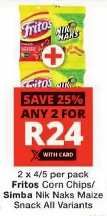 Checkers Fritos Corn Chips/ Simba Nik Naks Maize Snack All Variants offer